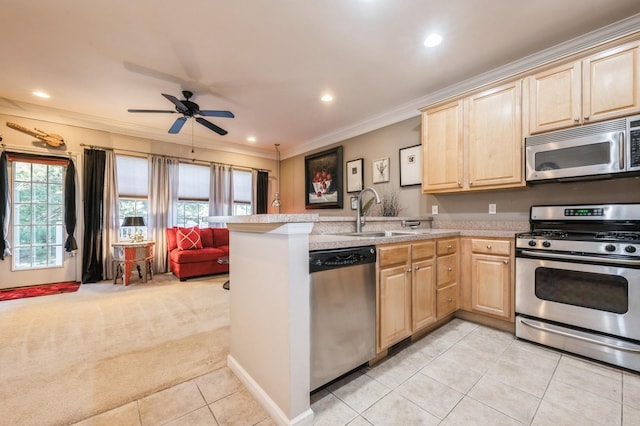 kitchen with appliances with stainless steel finishes, ornamental molding, light countertops, light brown cabinetry, and a sink