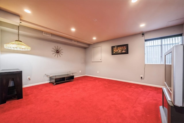 interior space featuring baseboards, carpet floors, visible vents, and recessed lighting