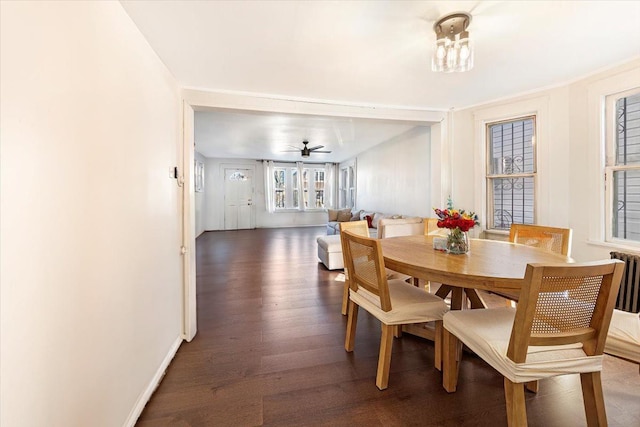 dining area with ceiling fan, baseboards, and dark wood-type flooring