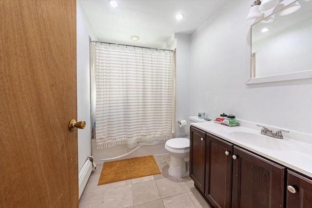 full bath featuring shower / bath combo, vanity, toilet, and tile patterned floors