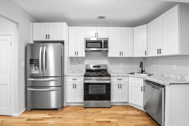 kitchen featuring visible vents, light wood-style flooring, appliances with stainless steel finishes, white cabinetry, and a sink