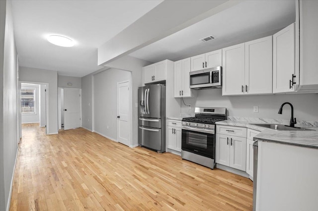 kitchen featuring appliances with stainless steel finishes, white cabinets, and a sink