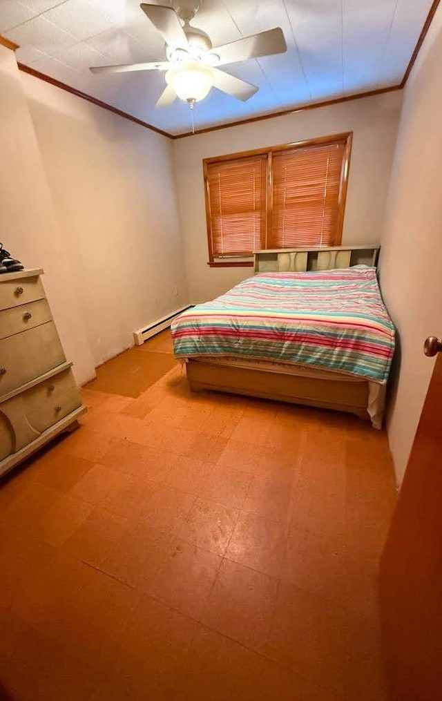 bedroom with a baseboard radiator, tile patterned floors, a ceiling fan, and crown molding