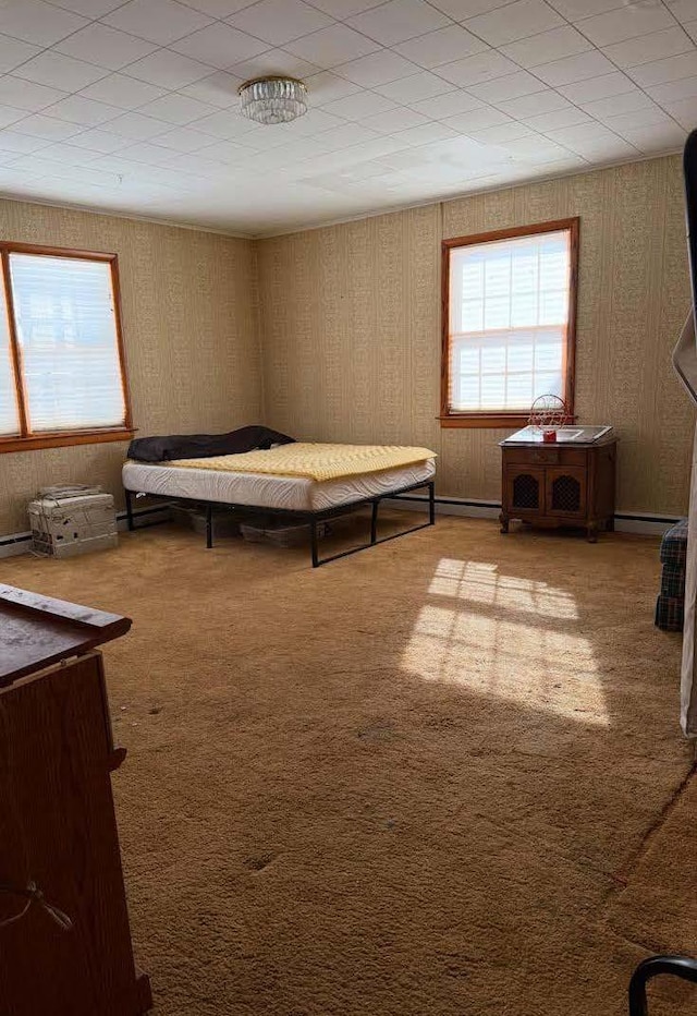 bedroom with carpet and a baseboard heating unit