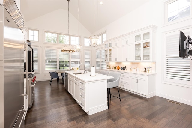 kitchen featuring premium appliances, light countertops, glass insert cabinets, white cabinetry, and an island with sink