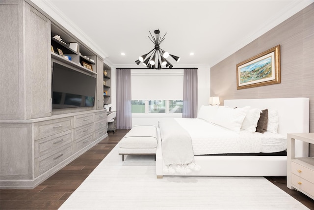 bedroom with recessed lighting, dark wood-style flooring, and crown molding