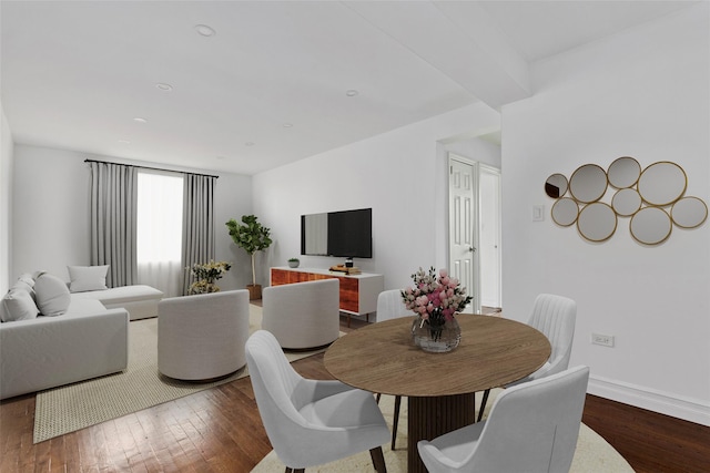 dining area with baseboards and dark wood-style flooring