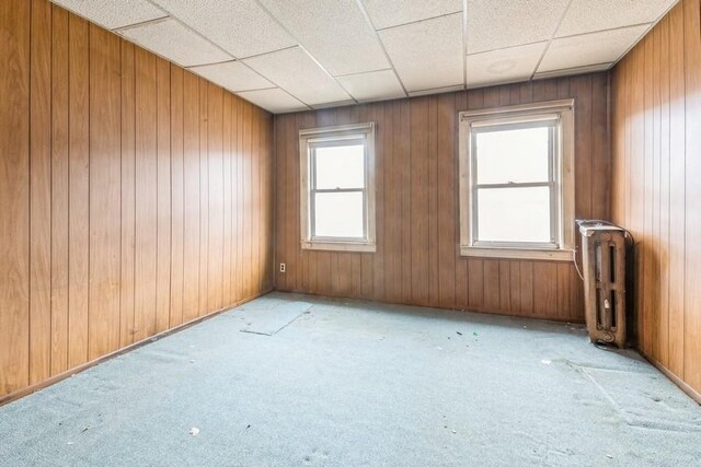 5130 47th St, Woodside, NY 11377 - empty room with carpet flooring, wooden walls, radiator heating unit, and a healthy amount of sunlight