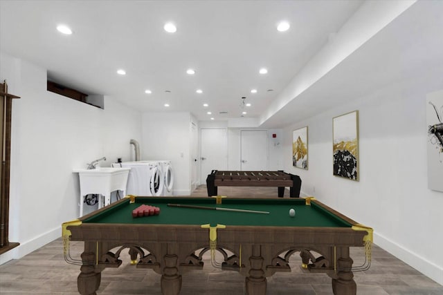 953 Tilden St, Bronx, NY 10469 - recreation room with wood finished floors, billiards, washer and clothes dryer, and recessed lighting