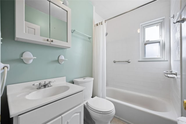 full bath with toilet, shower / tub combo with curtain, and vanity