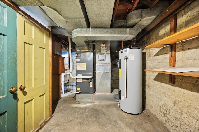 utility room featuring heating unit and water heater