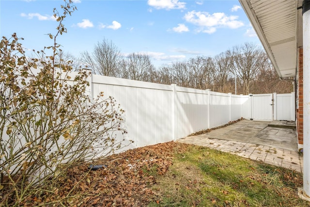 view of yard featuring a patio area, a fenced backyard, and a gate