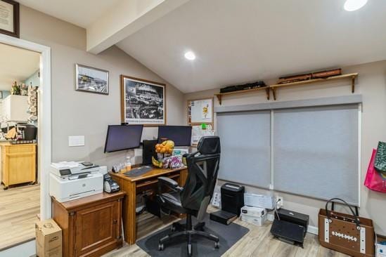 office featuring vaulted ceiling with beams and wood finished floors