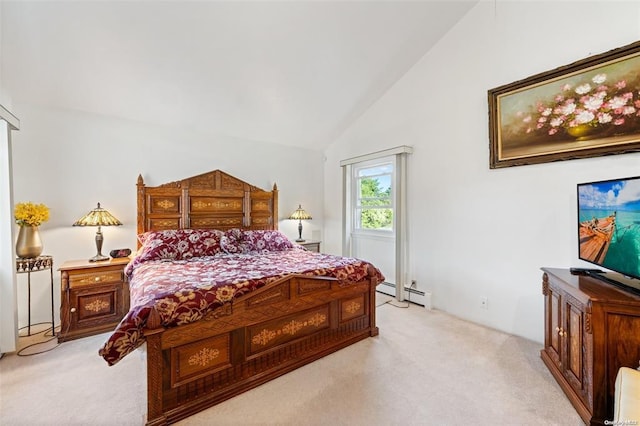 bedroom featuring a baseboard heating unit, lofted ceiling, and light carpet