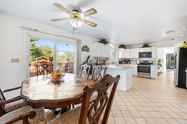 dining room featuring light tile patterned floors, ceiling fan, visible vents, and recessed lighting