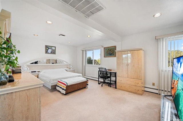 bedroom with a baseboard radiator, recessed lighting, light colored carpet, visible vents, and beamed ceiling