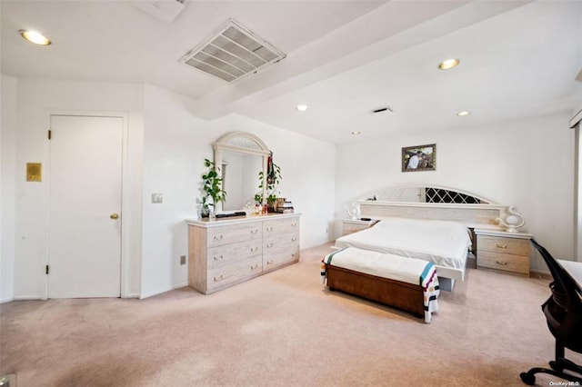 bedroom featuring recessed lighting, beam ceiling, visible vents, and light carpet