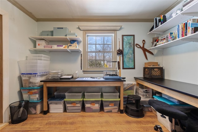 office area featuring ornamental molding and wood finished floors