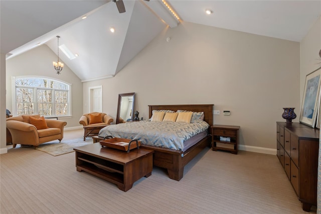 bedroom featuring baseboards, light colored carpet, high vaulted ceiling, beam ceiling, and ceiling fan with notable chandelier