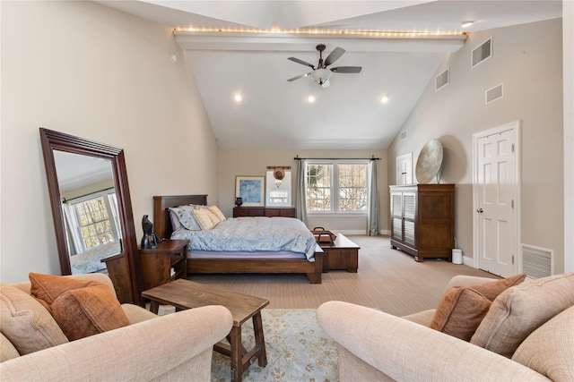 bedroom with visible vents and light colored carpet