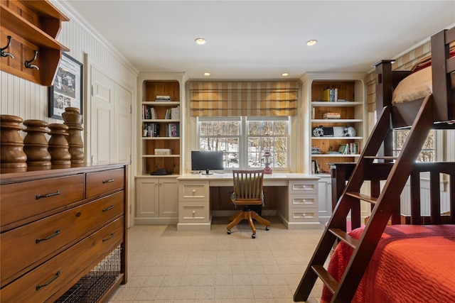 office featuring ornamental molding, recessed lighting, and built in study area