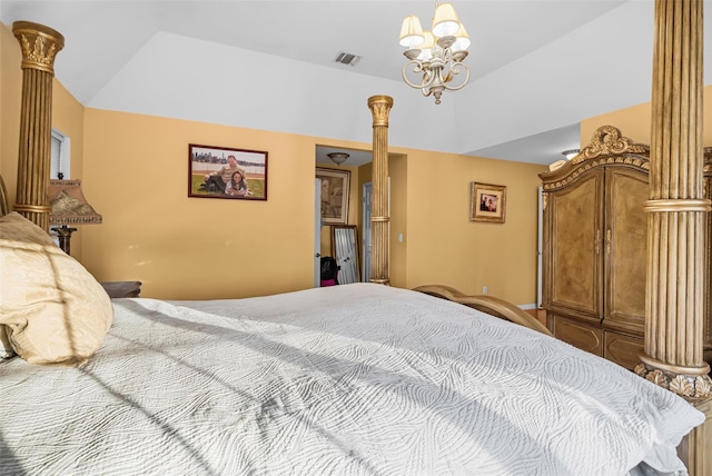 bedroom with lofted ceiling, ornate columns, visible vents, and a chandelier