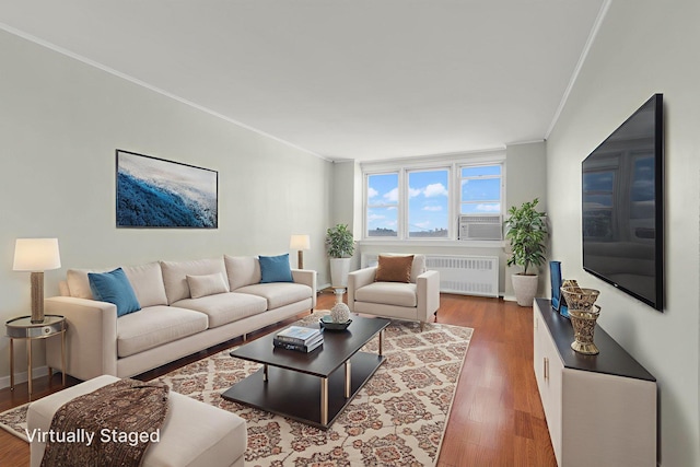60 Knolls Cres Unit 10D, Bronx, NY 10463 - living room with radiator heating unit, crown molding, wood finished floors, and baseboards