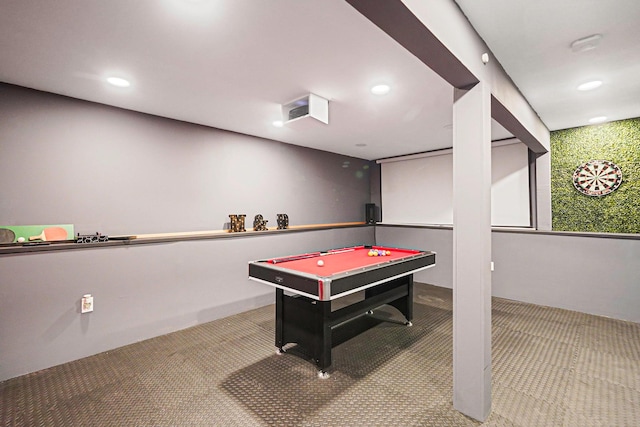 rec room with carpet, billiards, and recessed lighting