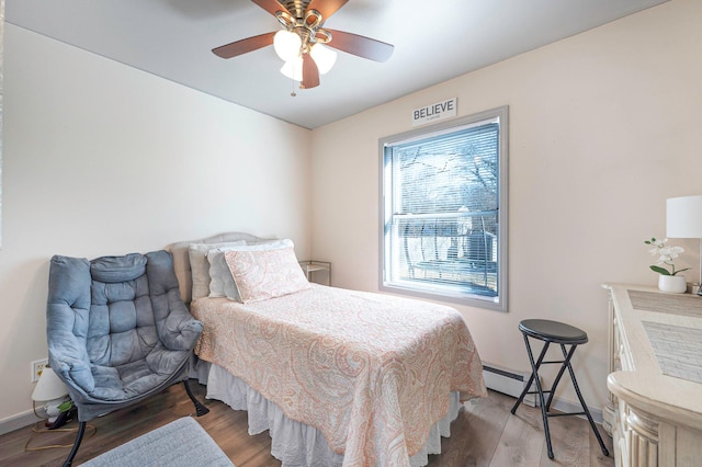 bedroom with ceiling fan, light wood-type flooring, and baseboards