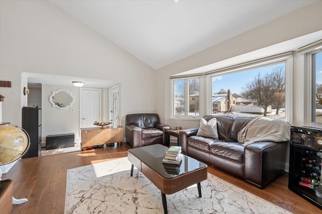 living room with high vaulted ceiling and hardwood / wood-style flooring