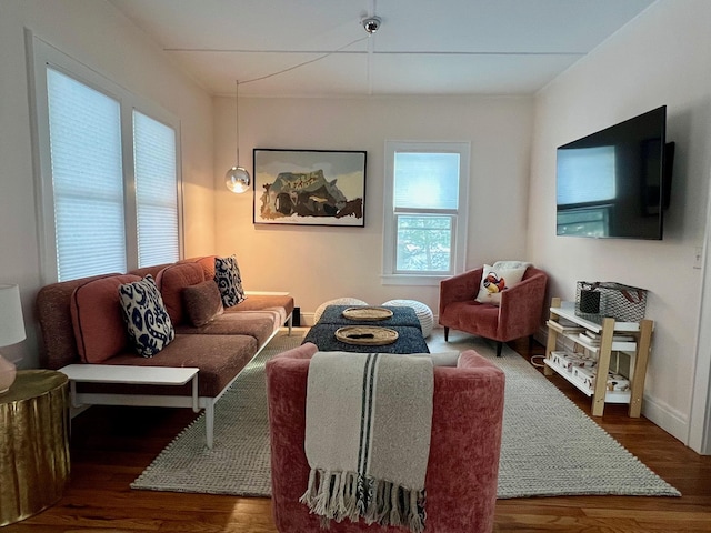 living area featuring baseboards and wood finished floors