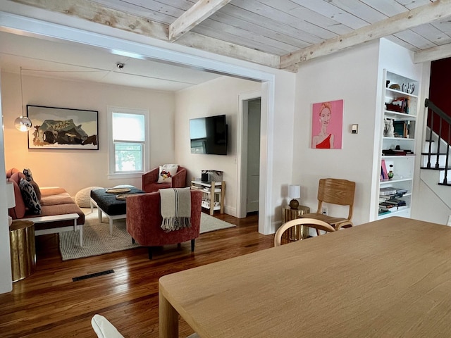 interior space featuring built in features, wooden ceiling, stairway, wood finished floors, and beam ceiling