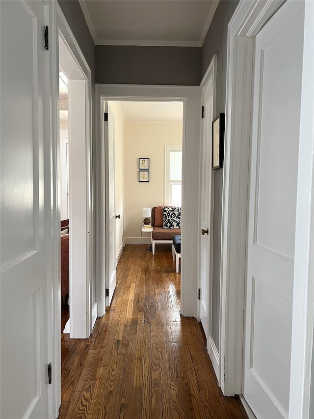 corridor featuring ornamental molding and dark wood-style flooring