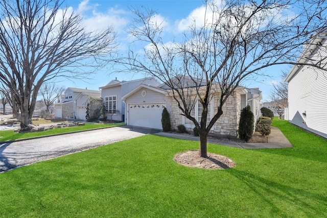 view of front of house featuring a garage, stone siding, aphalt driveway, and a front lawn