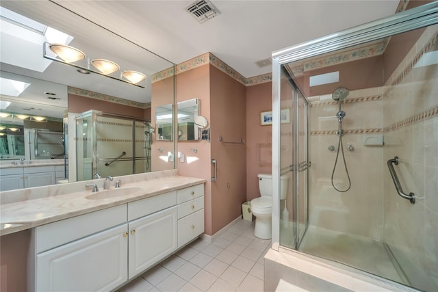 bathroom with visible vents, toilet, a shower stall, and vanity