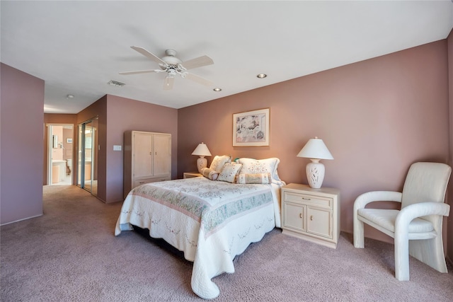 bedroom featuring light carpet, ceiling fan, visible vents, and recessed lighting