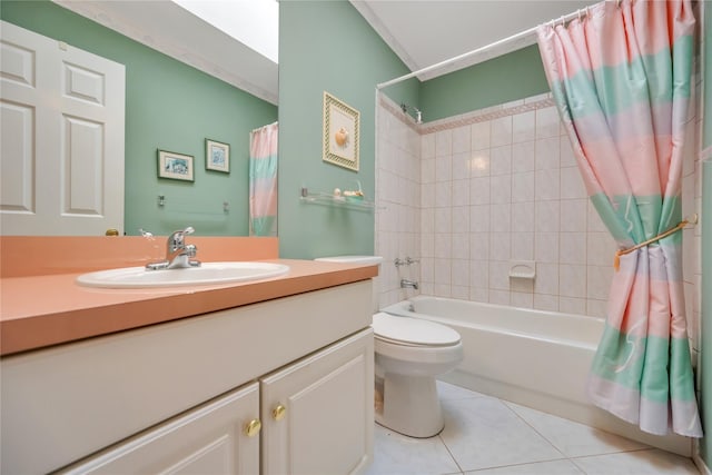 full bathroom featuring shower / tub combo, vanity, toilet, and tile patterned floors