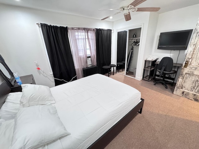 bedroom with recessed lighting, a closet, and ceiling fan