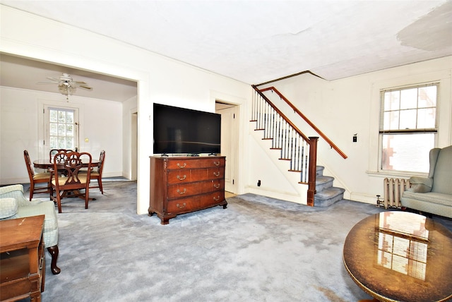 living area with carpet floors, radiator heating unit, stairs, and ceiling fan