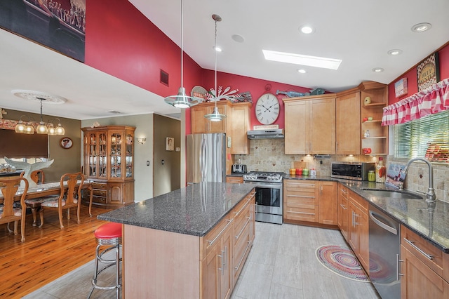 kitchen featuring appliances with stainless steel finishes, a kitchen breakfast bar, decorative light fixtures, under cabinet range hood, and a sink