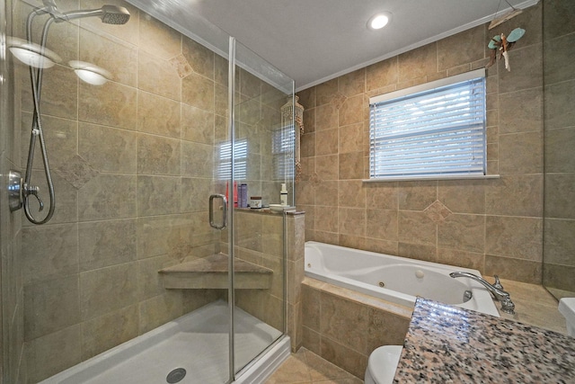 bathroom with a stall shower, crown molding, toilet, and a bath