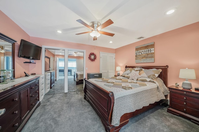 bedroom with dark colored carpet, visible vents, ceiling fan, and recessed lighting