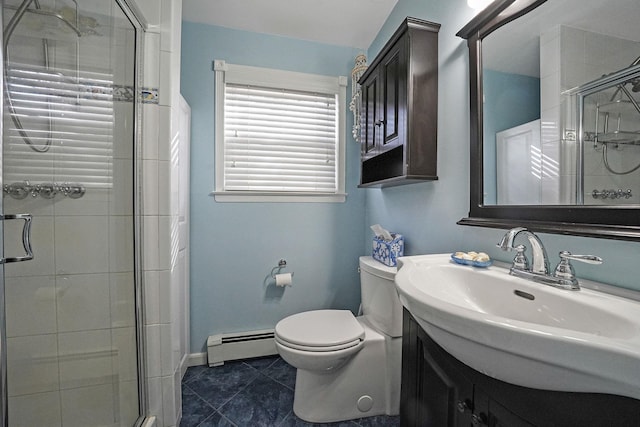 bathroom with vanity, a baseboard radiator, a shower stall, and toilet