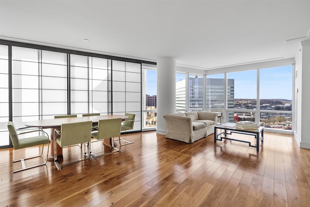 living room featuring a view of city, expansive windows, and wood finished floors