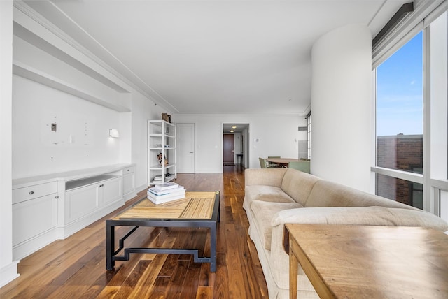 living room with ornamental molding and dark wood finished floors