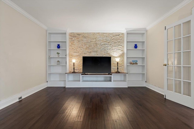 unfurnished living room featuring built in features, wood-type flooring, crown molding, and baseboards