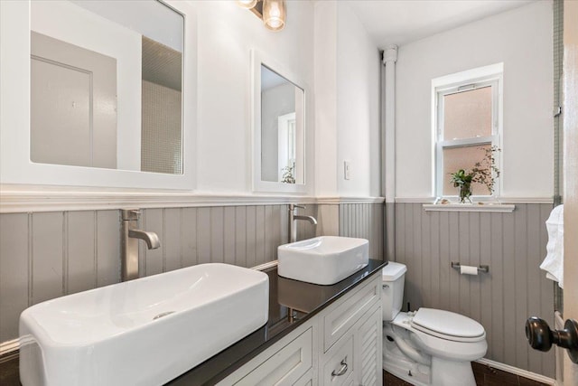 full bathroom with toilet, a wainscoted wall, double vanity, and a sink