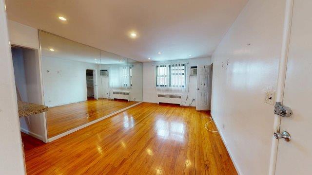 spare room featuring recessed lighting, radiator, and wood finished floors