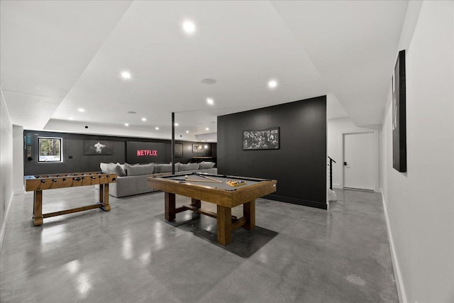 playroom featuring billiards, concrete floors, baseboards, and recessed lighting