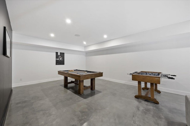 game room with finished concrete flooring, pool table, baseboards, and recessed lighting